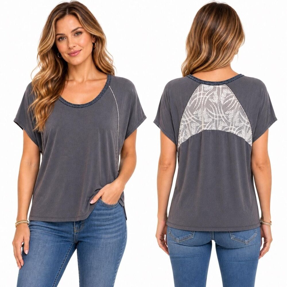 Scrapbook Shirt Womens Medium Gray Scoop Neck Short Dolman Sleeve Lace Back Top